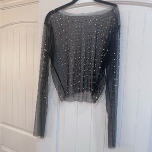 Sheer Black Pearl-Embellished Long Sleeve Top
